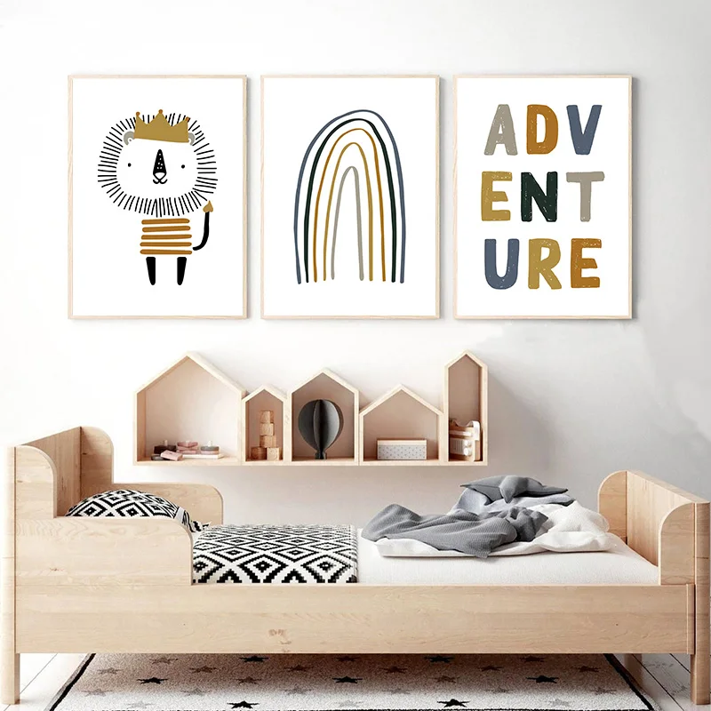 

Animal Lion Child Cartoon Canvas Poster Nordic Art Painting Rainbow Wall Print Nursery Quotes Picture Modern Kid Boy Room Decor