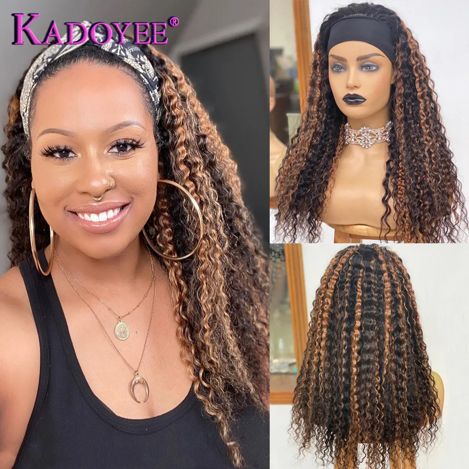 Kinky Curly Headband Wigs Highlight Ombre Human Hair Brazilian Deep Curly Full Machine Made Wigs With HeadBand No Glue Wig Women