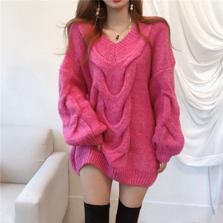 

Women Sweater Pullover 2021 Female Knitting Overszie Long Loose Elegant Knitted Thick Outerwear Woman Winter Sweaters Pink White