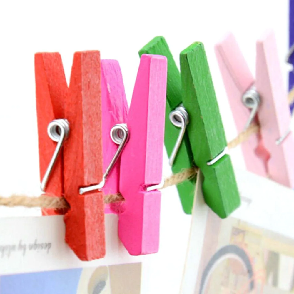 

110PCS Mini Photo Clips Colorful Natural Wooden Wall Deco DIY Photo Paper Frame Peg Pin Clothespin Craft with 2PCS 10M Jute Twin