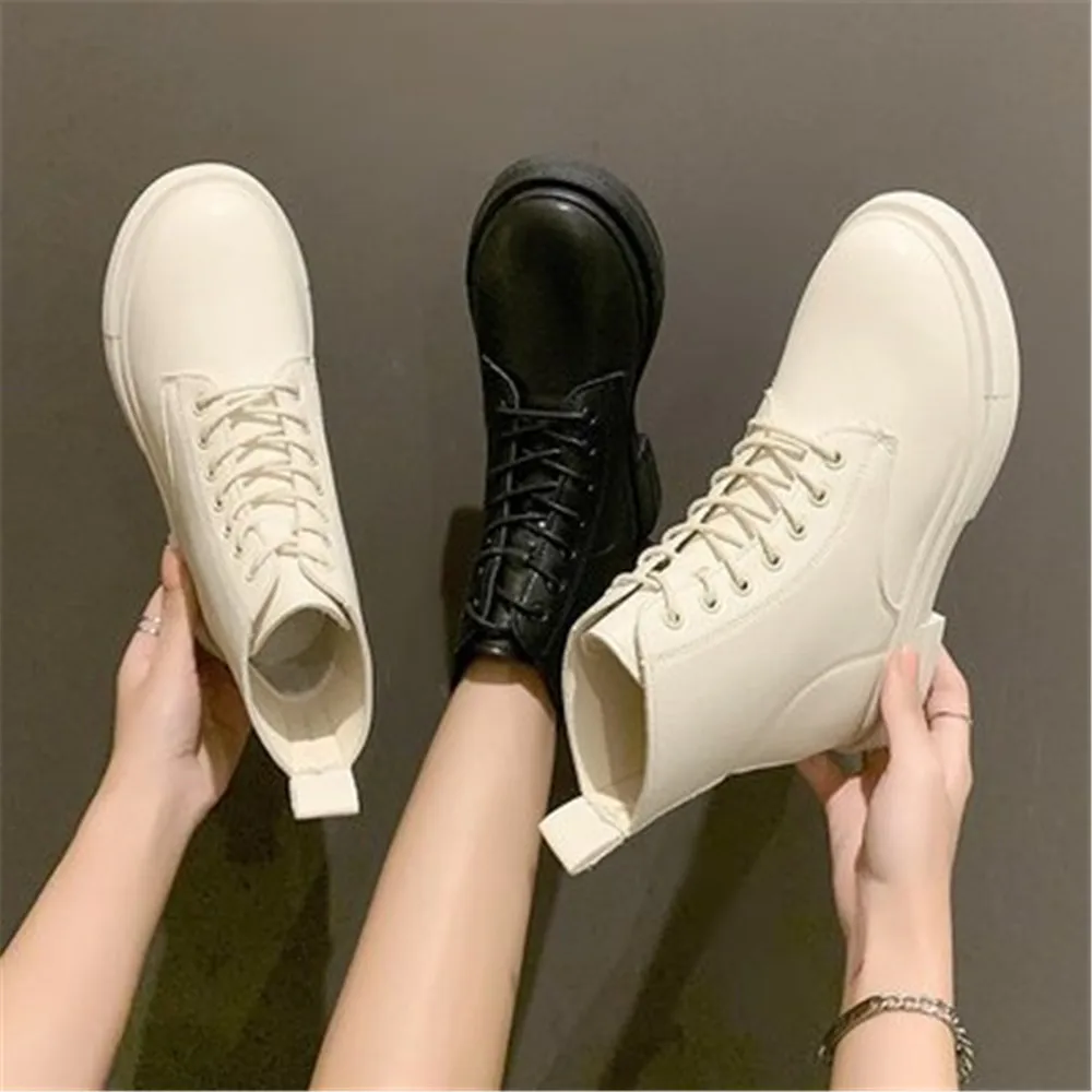 Ankle Boots Women Fashion Leather Lace-Up Round Toe Lady Square Heel Motorcycle Booties Autumn Platform Shoes Beige Black 35-40