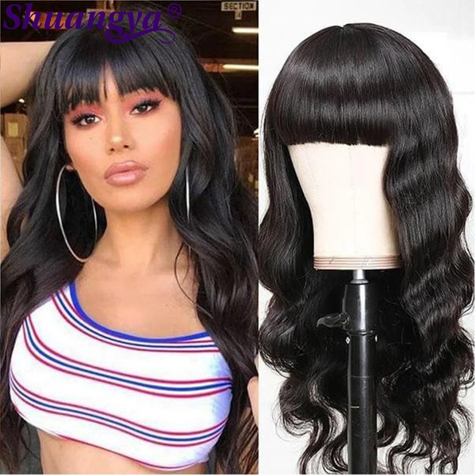 

Peruvian Body Wave Human Hair Wigs With Bangs Remy Full Machine Made Human Hair Wigs For Women 8-28 Inch Fringe Wig