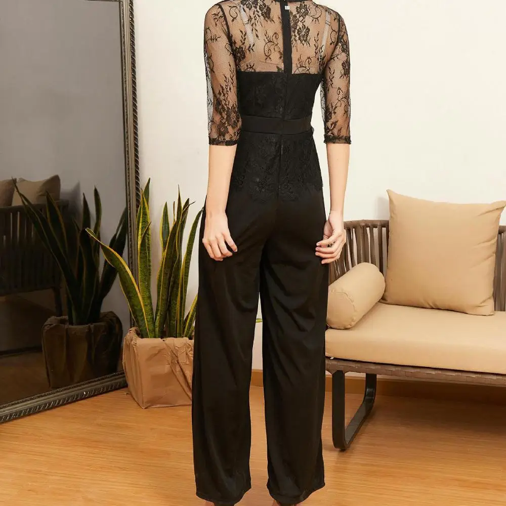 Fashion Women Jumpsuit Rompers 2019 New Solid Color Sexy Seven-point Sleeve Lace Splice Wide Leg | Женская одежда