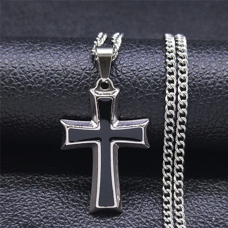 

Fashion Cross Stainless Steel Pendant Necklace for Women/Men Black Silver Color Long Necklace Jewelry collier homme NXH111S05