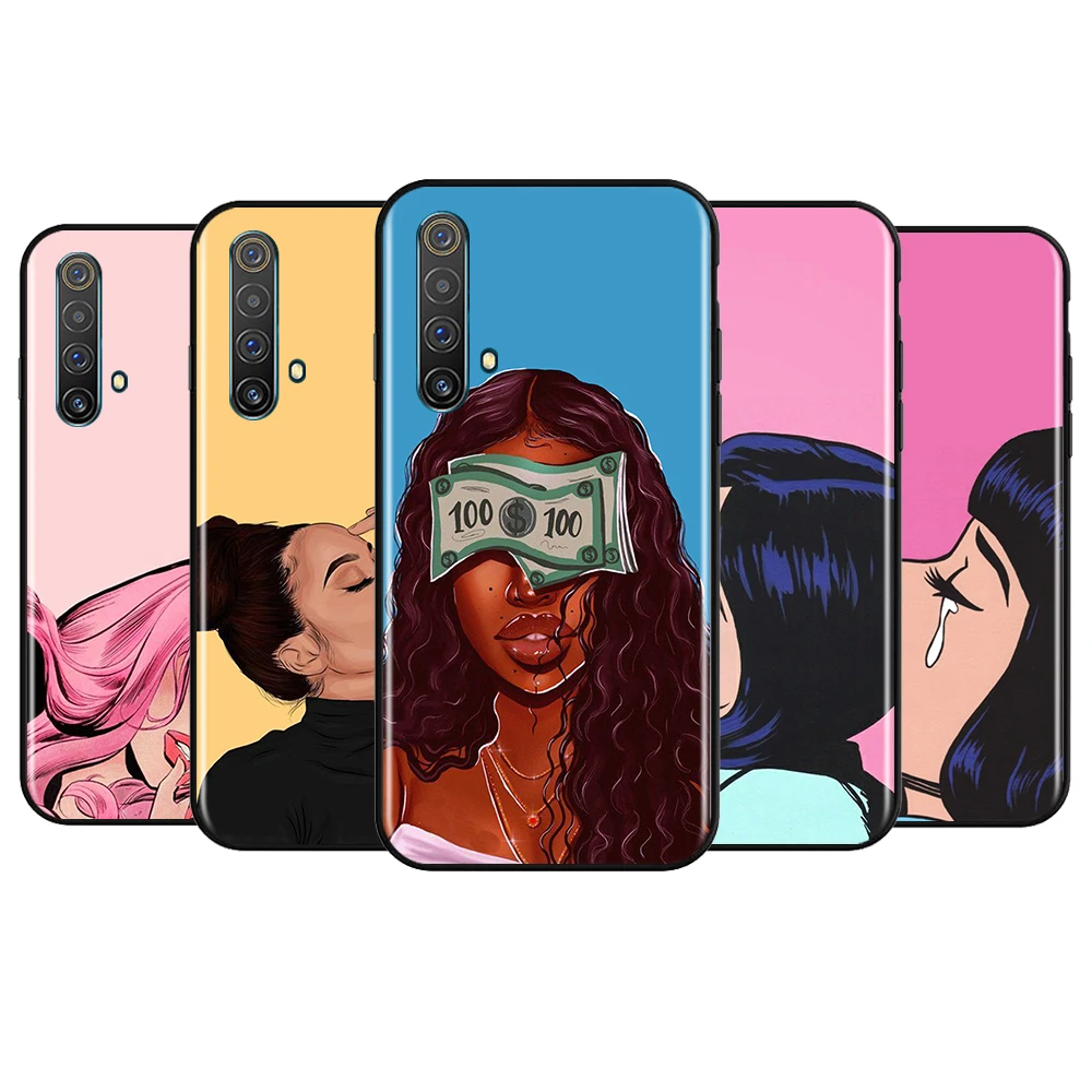 

Melanin African Black Girl For OPPO Realme 8 7 6s 6 5 3 2 Pro 5G Global V15 5 3 5G Silicone Black Soft Cover Phone Case