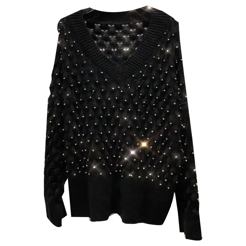 

2020 Autumn New Sky Star Rhinestone Shiny V-neck Concave-convex Long Sleeve Sweater For Women