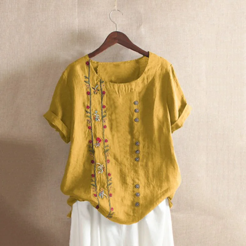 Винтажная Свободная Повседневная блузка из хлопка и льна с вышивкой |