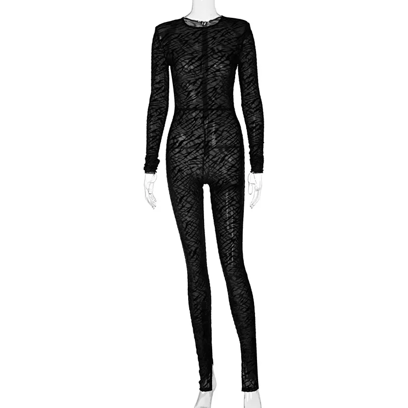 

Hot Sale 2020 New Arrivals Women Winter Style Sexy Fashion Long Sleeve O Neck Mesh Transparent Bodycon Night Club Jumpsuits