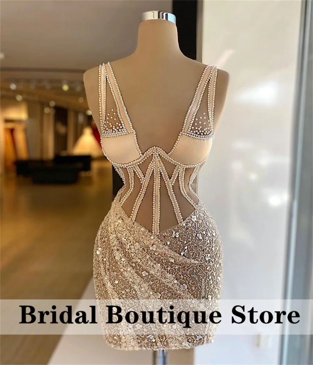 

Charming Champagne Beading Luxury Pearls Short Prom Dresses Sphagetti Strap Sequins Elegant Cocktail Dresses For Women Party