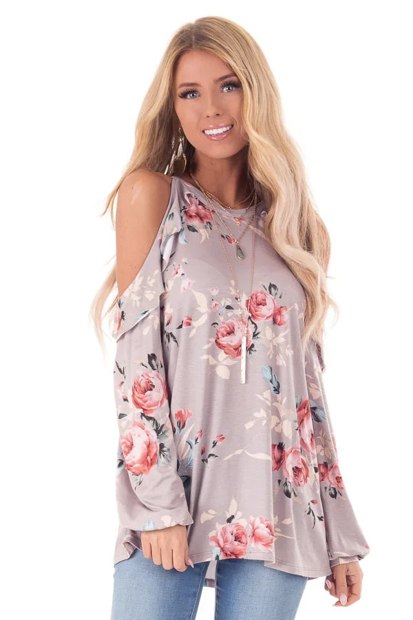 

2020 autumn fashion long sleeve round neck print sexy off shoulder Ruffle T-shirt