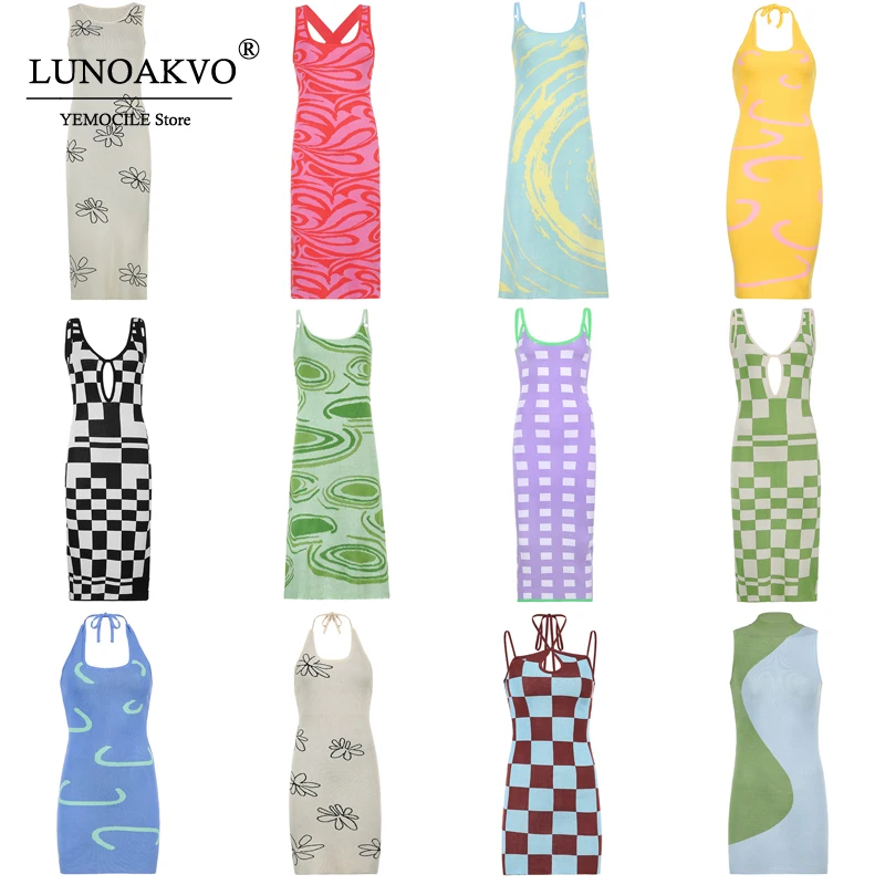 

2021 Print Knit Bodycon Dress Women Green Y2K Summer Hollow Out Sexy Sleeveless Spaghetti Strap Beach Midi Dresses Party