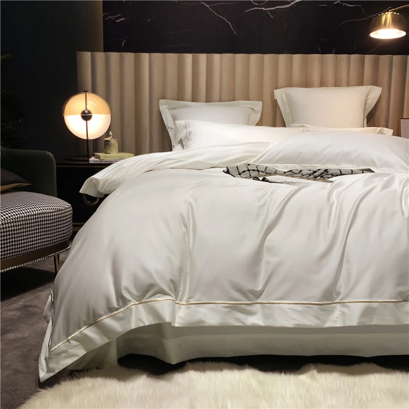 

Luxury Double Bedding Sets White Cotton Nordic Bedroom Comforter Home Bedding Sets Satin Hotel Parure De Lit Home Textile DG50BS