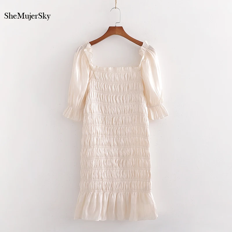 

SheMujerSky Women Elegant Gilter Dress Square Collar Puff Sleeve Elastic Dresses 2020 Summer Ruffles Slim Dress