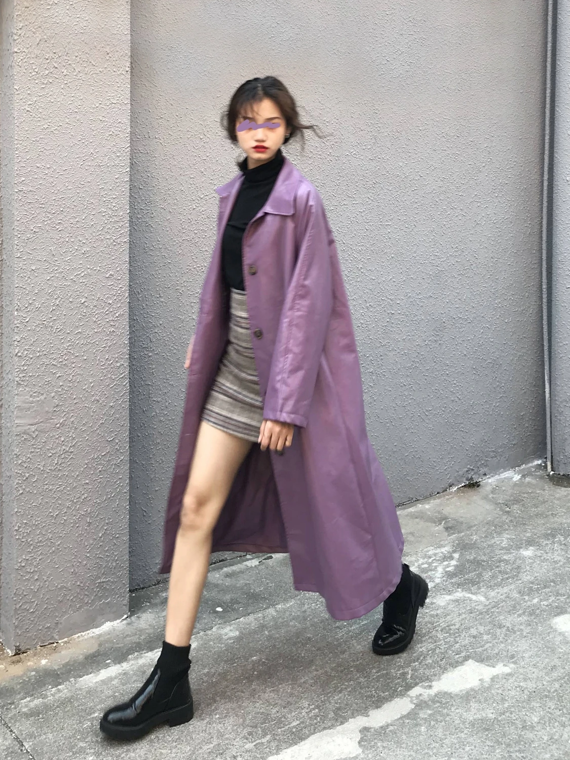 

British Women's Pu leather purple Trench Coats Full Length Belted Zipper Motorcycle Jackets