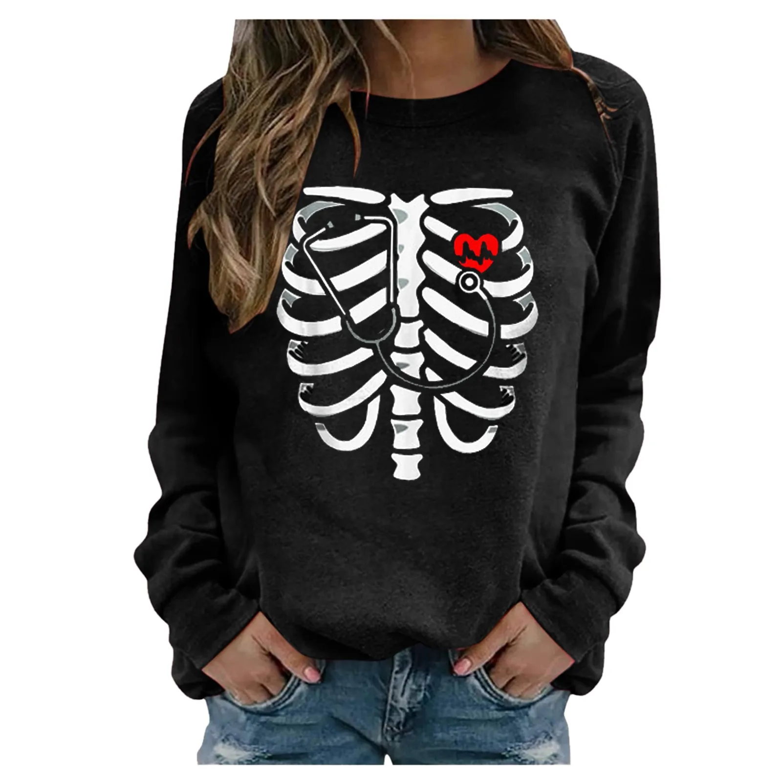 

Women's Halloween Sweatshirts Long Sleeve Skeleton Print Tops Pullover Sweatshirt Conjuntos Moleton Femininos Frete Gratis#25