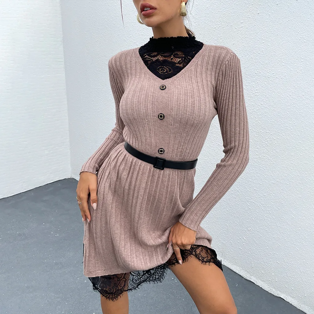 

DUYIT Sweater Dress New Autumn And Winter Round Neck Pullover Fake Two-Piece Lace Stitching Slim Knitted Skirt
