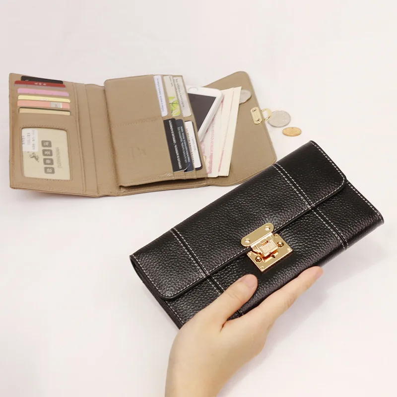 Женский кошелек с длинной пряжкой из воловьей кожи клатч тремя отделениями для