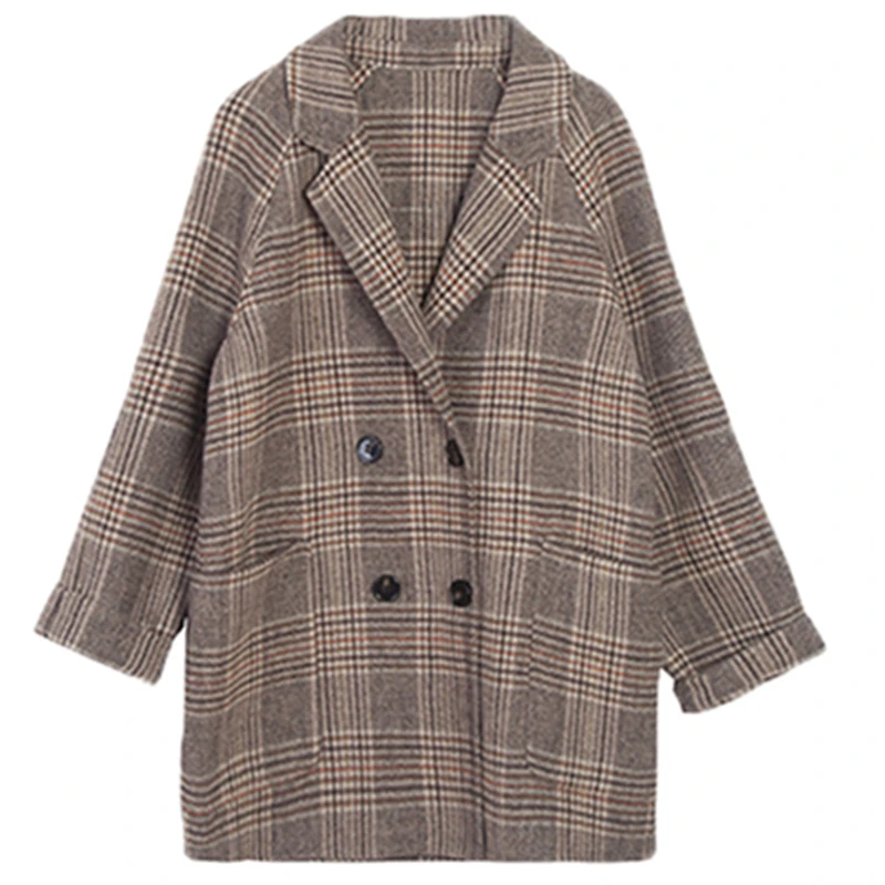 

2022 New Winter Women's Wool Coats Houndstooth Overcoat Plaid Lady Trendy Loose Blend Long Blazers Female Outerwear