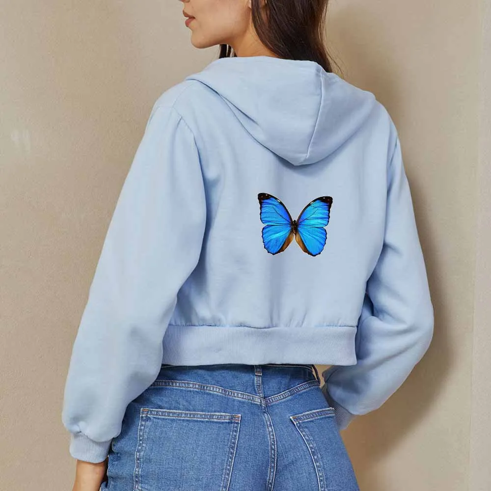 

Zipper Hoodie Women Crop Top Sweatshirt Butterfly Print Harajuku Korean Y2k Streetwear Women Jacket Casual Graphic Clothes