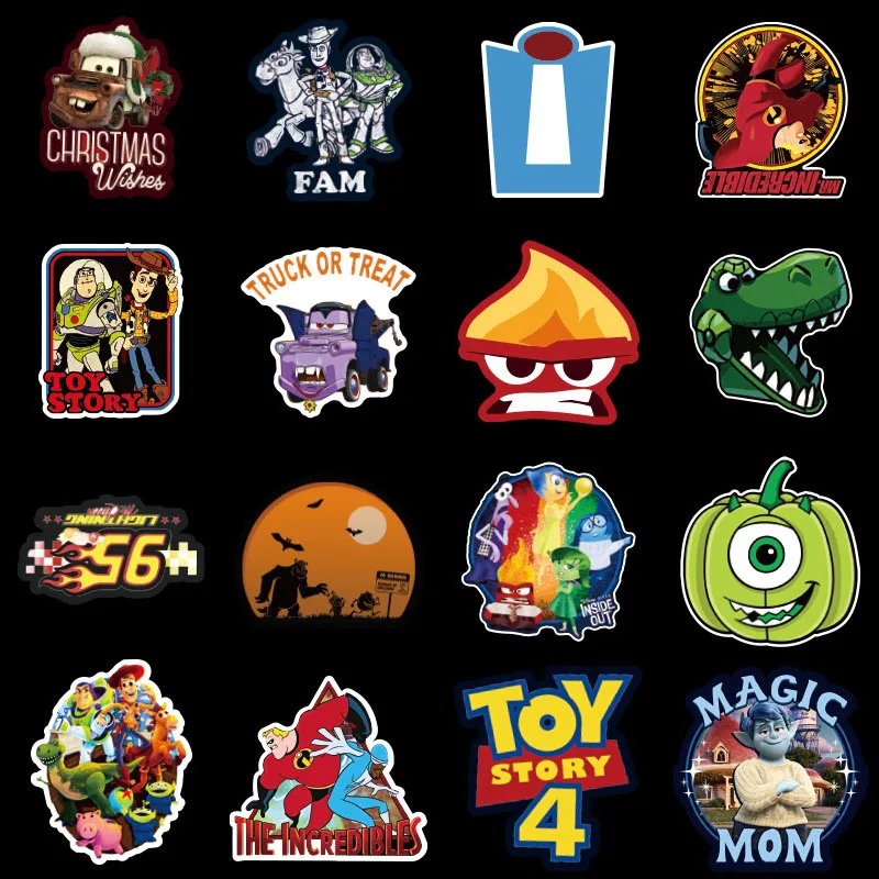 Juguetes de dibujos animados de Disney para ni&ntilde;os, 10/30/50 Uds., para patinador, guitarra, port&aacute;til, equipaje, coche divertido Pixar, impermeables, regalos para ni&ntilde;os-2