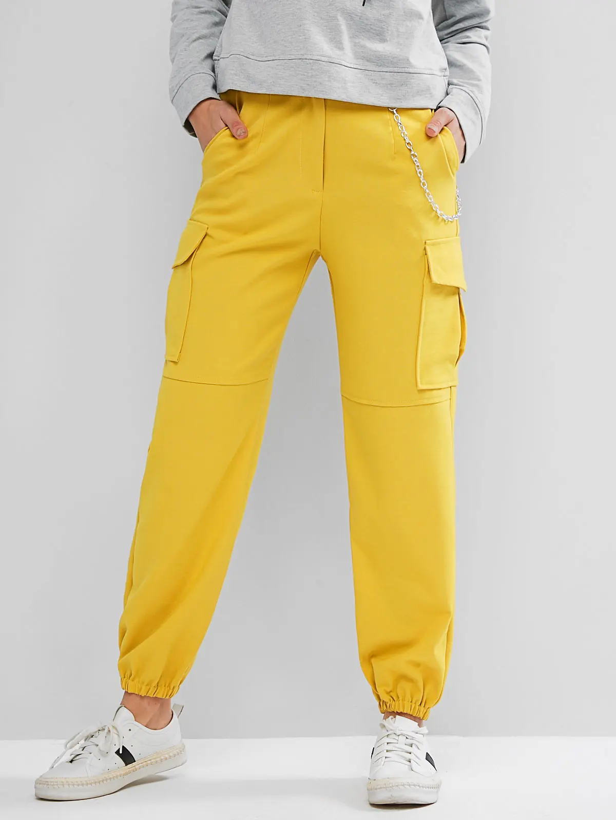 Yellow ZAFUL штаны для бега с цепочкой и карманами, высокая талия, одноцветные женские штаны с высокой талией, Осенние уличные штаны, популярные штаны - Цвет: Yellow