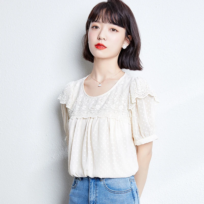 

Summer Korean Fashion Chiffon Women Blouses Office Lady Shirt and Blouse Lace Short Sleeve Women Tops White