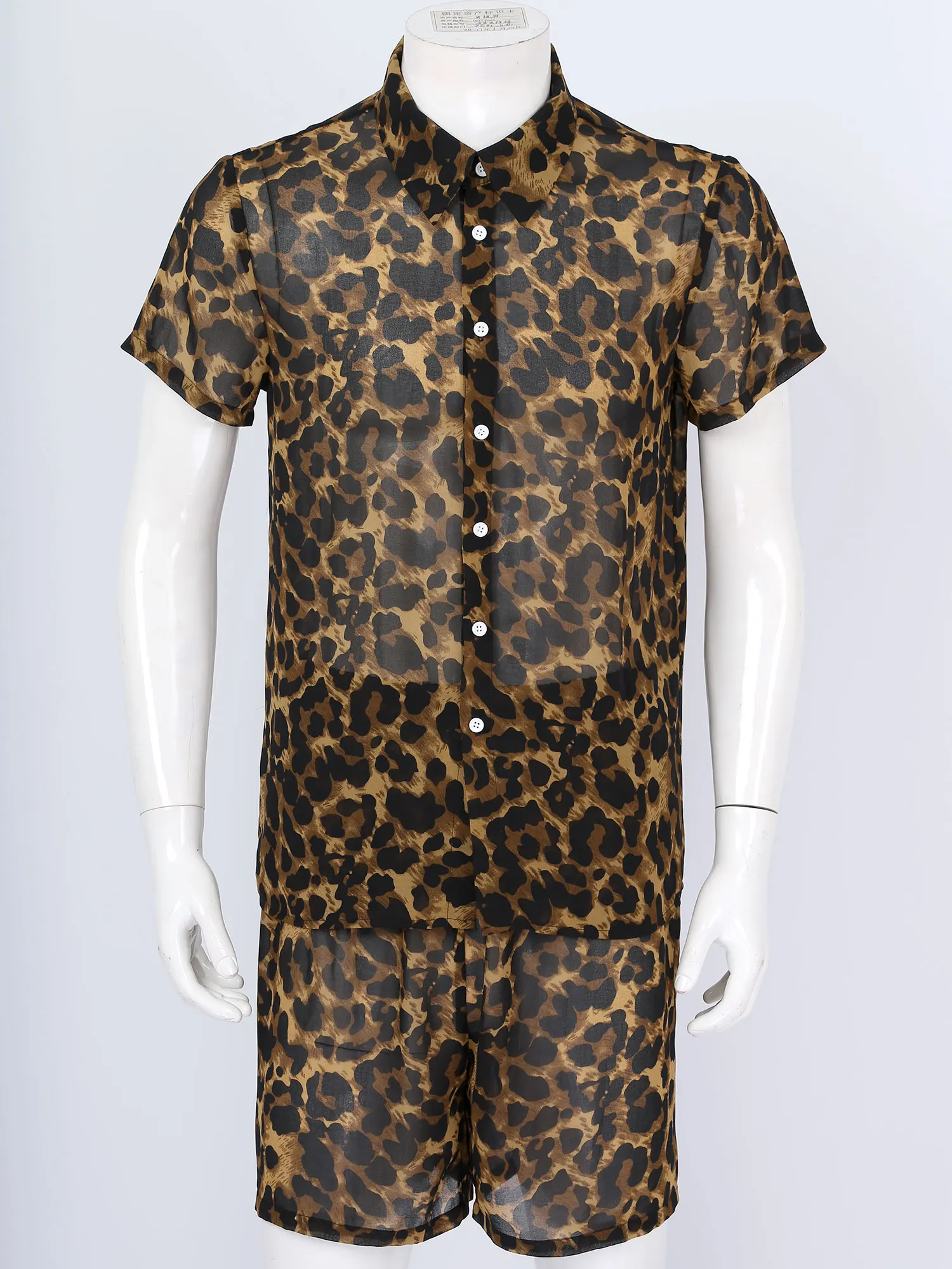 2Piece Men Leopard Beach Set Transparent Turn-down Collar Short Sleeve T Shirt Top with Shorts Pajama Sets Homewear