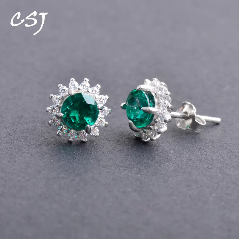 

CSJ Classic Created Emerald Earrings 925 Silver sterling Round 5mm cut Fine Charm Jewelry for Women Party Gift free express