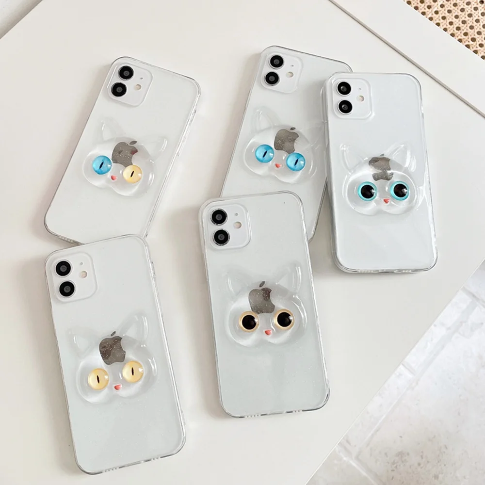 

Cute Cartoon Cat DIY Eye Phone Case For iPhone 11 12 Pro Max XR XS Max X 7 8 Plus Soft Anti-fall Protection Phone Cover
