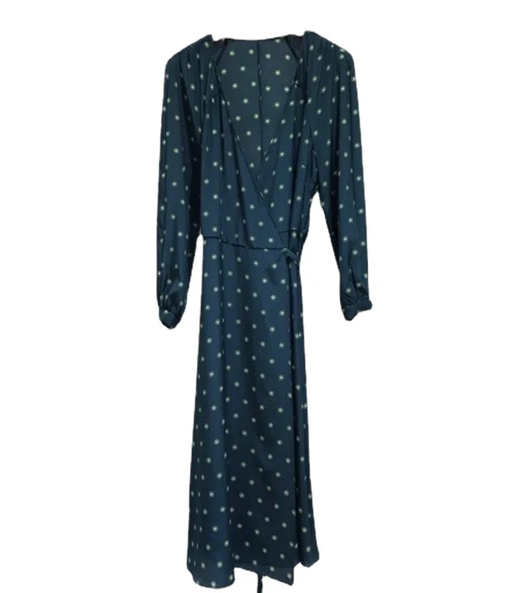 

Summer New Retro Peacock Blue V-neck Wave Point Print Elegant Temperament Tea Break Dress Women's Mid-calf Silk Dress