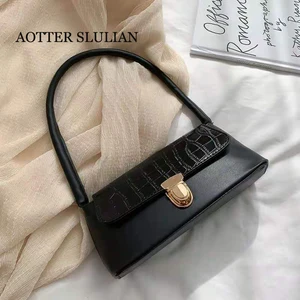 luxury crocodile pattern handbag baguette bag simple candy color girl vintage underarm bag buckles design messenger shoulder bag free global shipping
