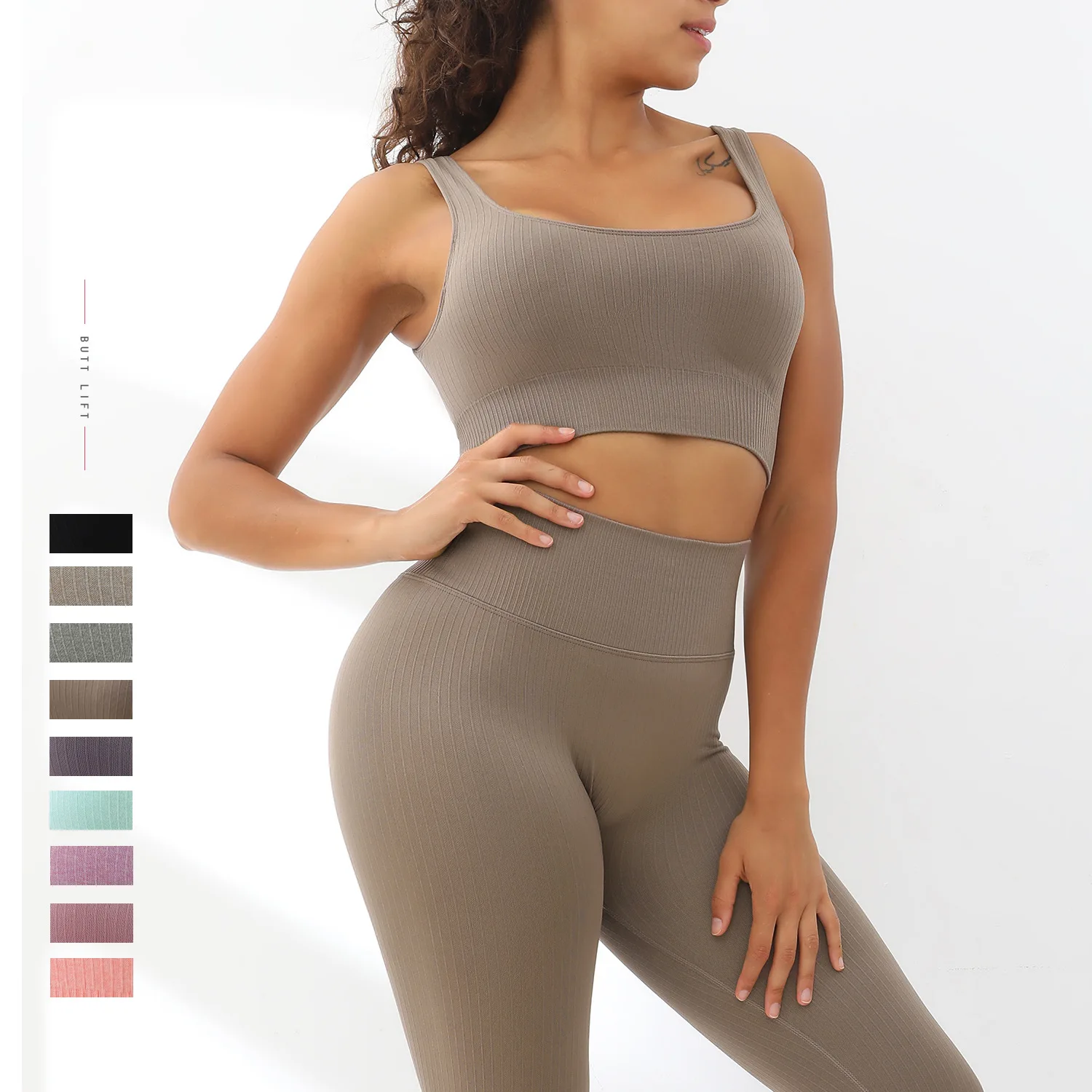 

Seamless shoulder belt vest sports bra shockproof gathering Seamless Vertical striped Yoga Pants fitness women's two-piece set