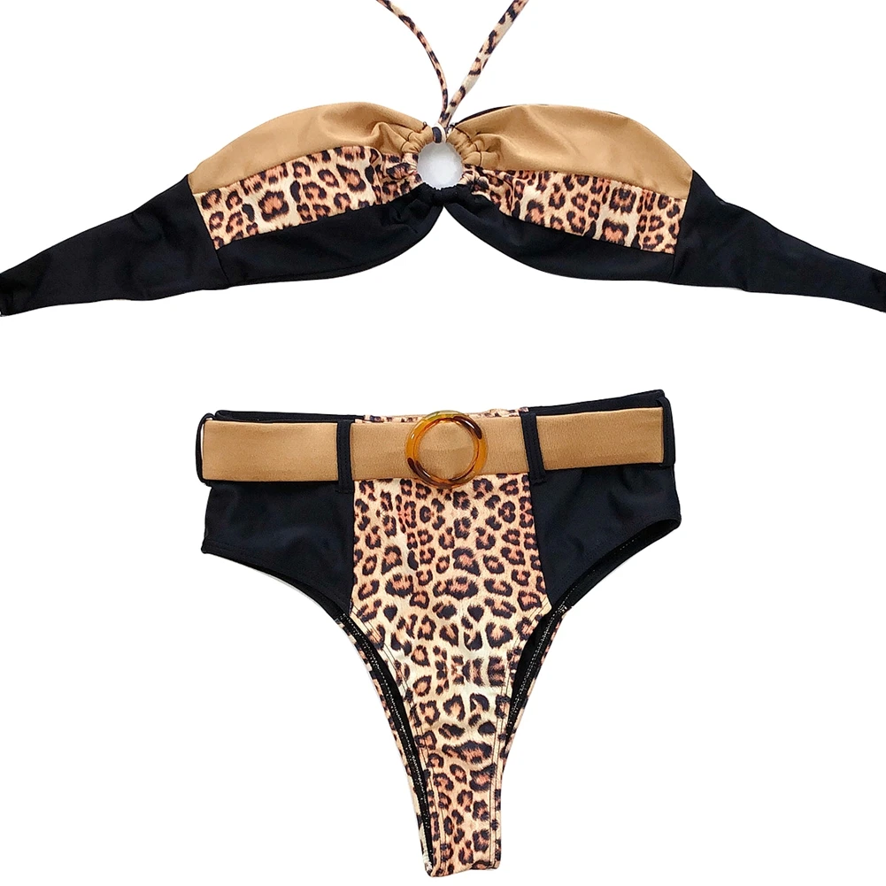 

Женский леопардовый топ с бретельками и поясом, комплект бикини, пляжная одежда, купальный костюм из двух предметов, женский купальник