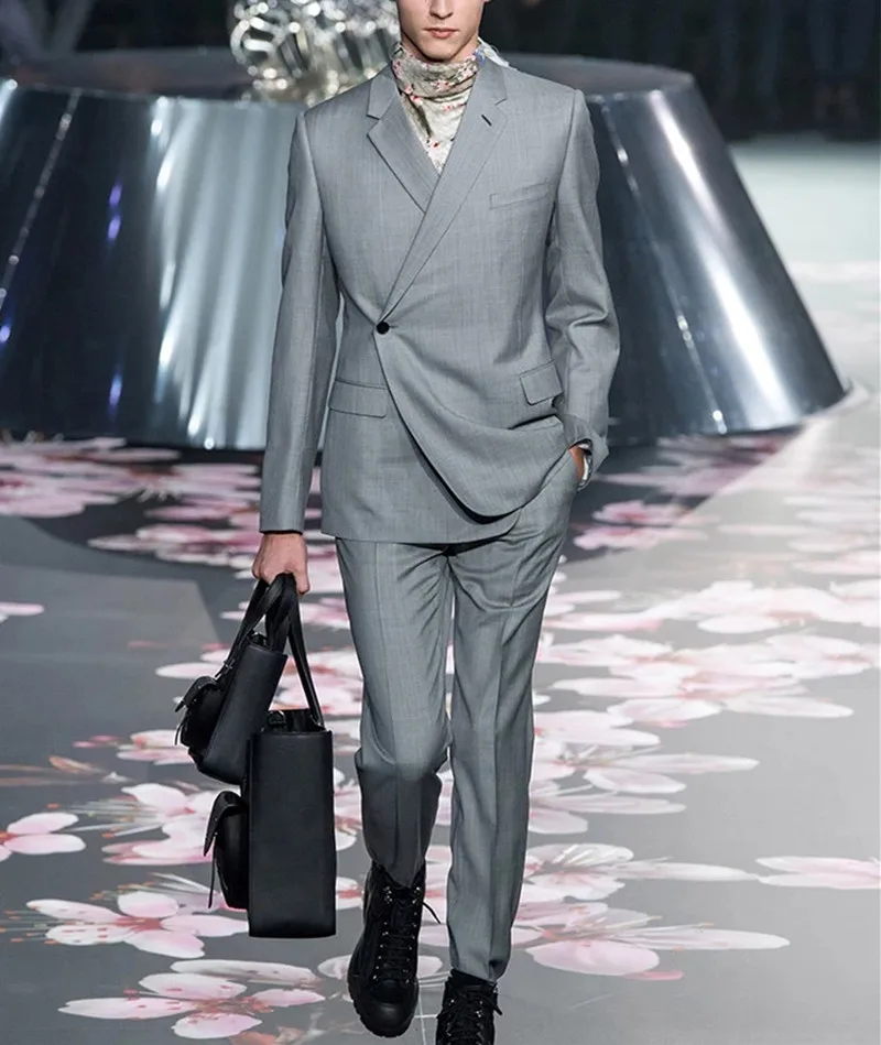Luxury Design Fashion One Button Gray Suit Men Jacket Pants Groom Wedding Slim Fit Tuxedo Trajes de hombre Costume Custom Made