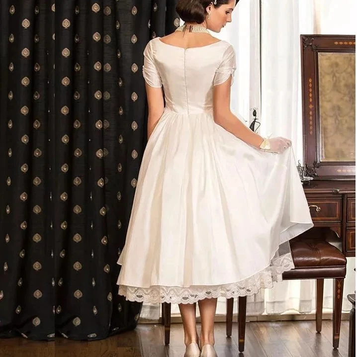 

Vestidos de Novia Wedding Dress Short V Neckline Short Sleeve Tea Length Vintage Wedding Dresses 2020