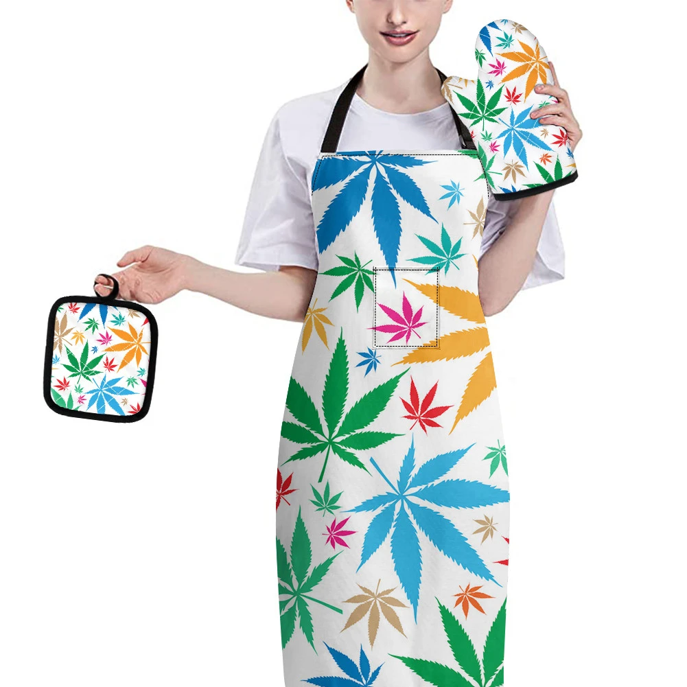 

Weed Leaves Print Cooking Tool Heat Insulation Padded Gloves Oven Mat Kitchen Apron Microwave Grill Baking Accessories Mitts 3pc