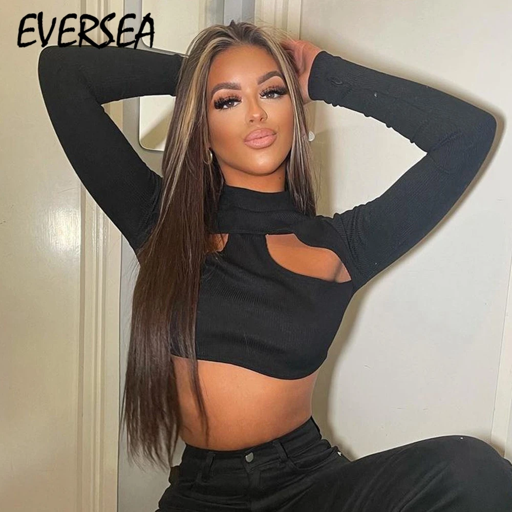 

Женская футболка с вырезами Eversea, укороченная футболка из двух частей с вырезами, сексуальные топы для осени и зимы