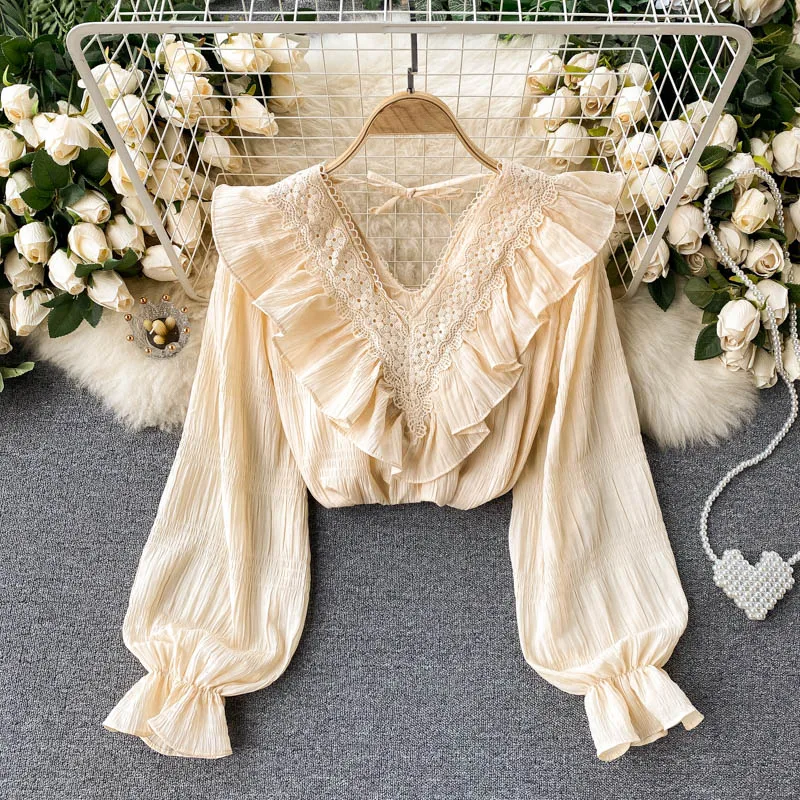 

C992 Women New Fashion Spring Autumn Sweet Ruffle Slim Fit Pullover Shirt Long Sleeve Korean Top Mujer Blouse