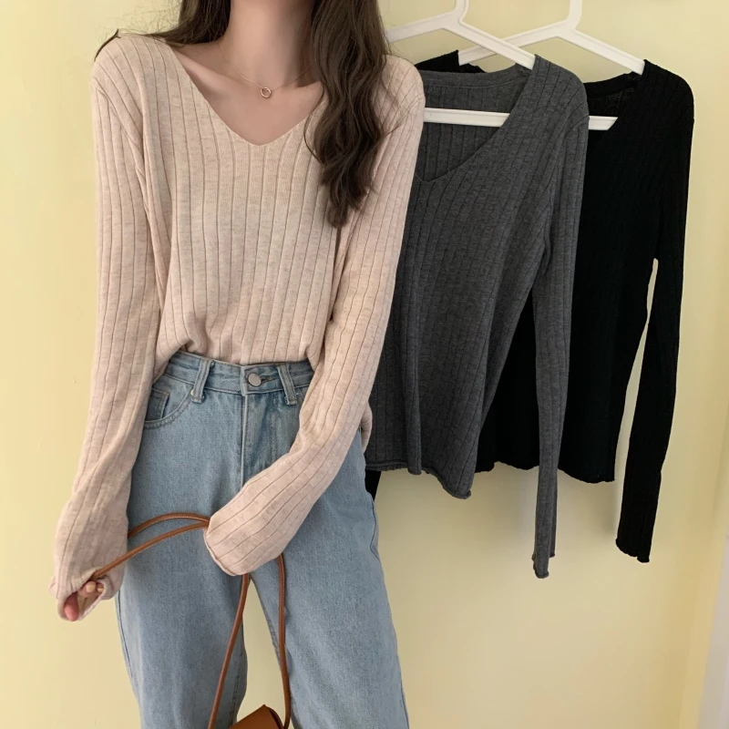 

Autumn Fashion Chic Knitted Thin Pullover Sweaters Women Casual V Neck Solid Color Ribbed Loose Basic Clothes Female Jumper Tops