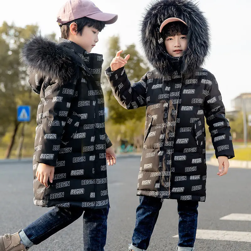 

Winter Down Jacket For Boys Fashion Long Hooded Fur Collar Warm Coat Children'S Outerwear Letters Print Teenager Clothes 2021