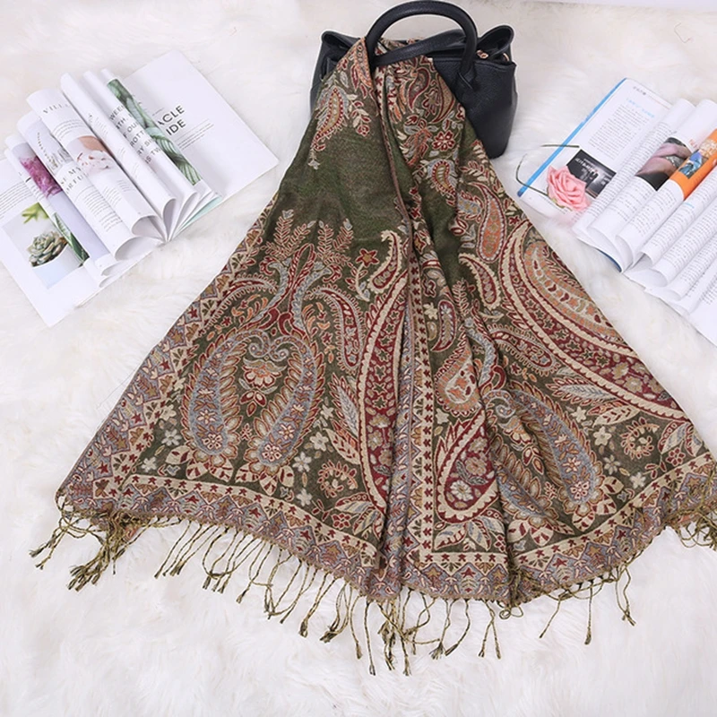 

New Bohemia Style Women Double Side Paisley Silky Pashmina Scarf Wrap Shawl Lady's Ethnic Jacquard fringed Travel scarf
