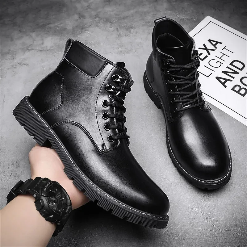 

Men's Leather Short Boots New Fashion Men's High Top Middle Top Trendy Shoes Work Clothes Spring And Autumn Black Men's Shoes