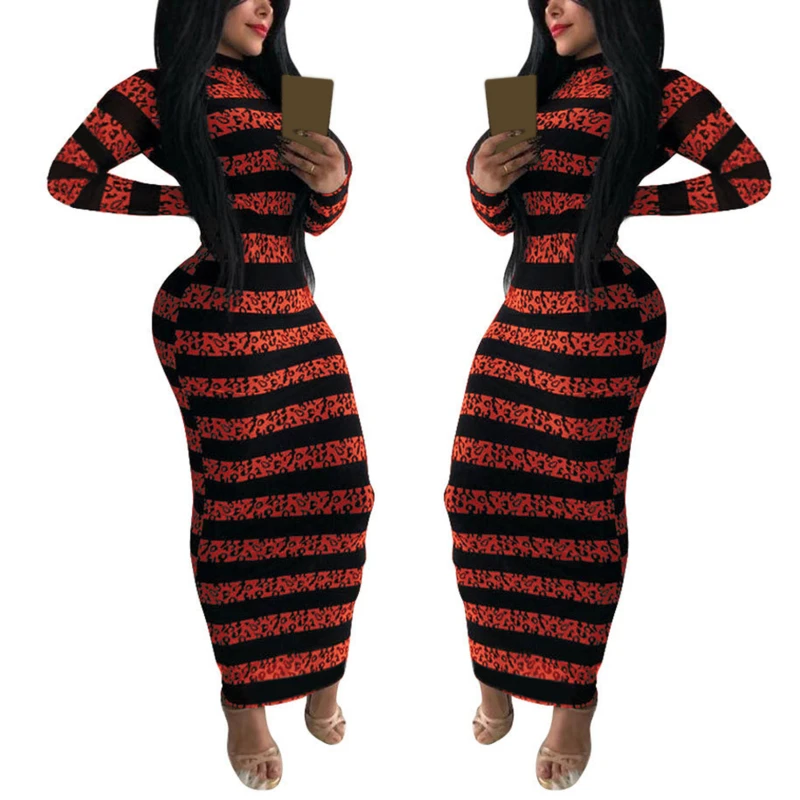 

Autumn Sexy Striped Print Bodycon Long Dress Elegant O Neck New Women Maxi Dresses 2021 Casual Long Sleeve Party Dress Vestidos