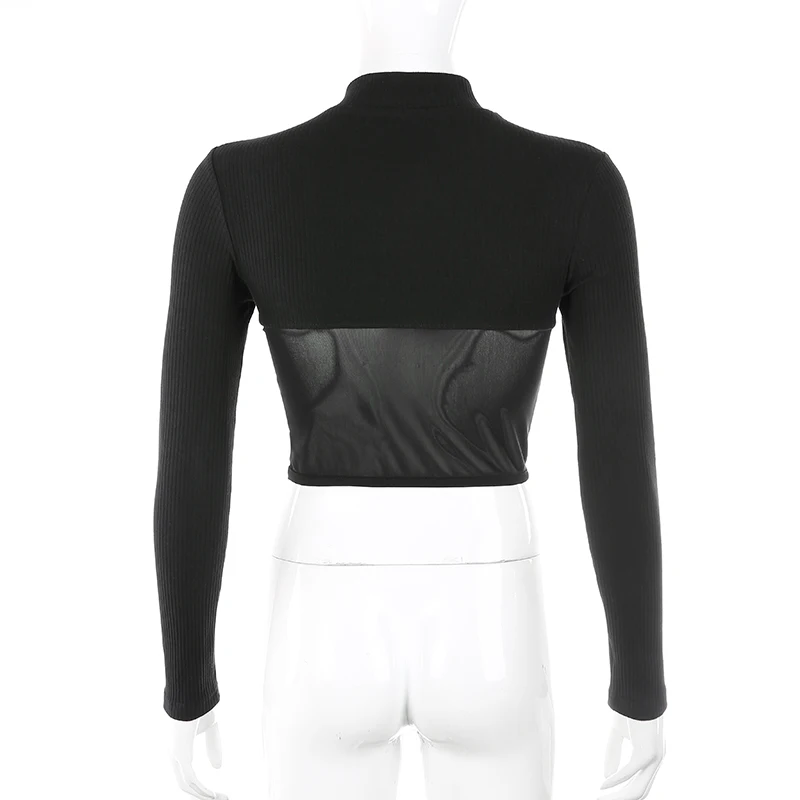 

Zoulv Spring 2021 Sexy Mesh Patchwork Cropped Long Sleeve t shirt Women Black Bodycon O-neck High Street Tee Shirt Crop Top