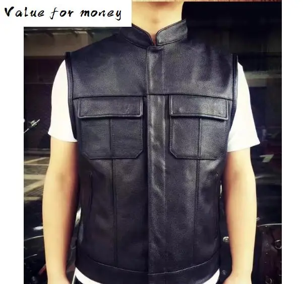 

new shipping, Free style cowhide vest.100% Genuine leather men slim vest.motorbiker mens vests,quality sales,