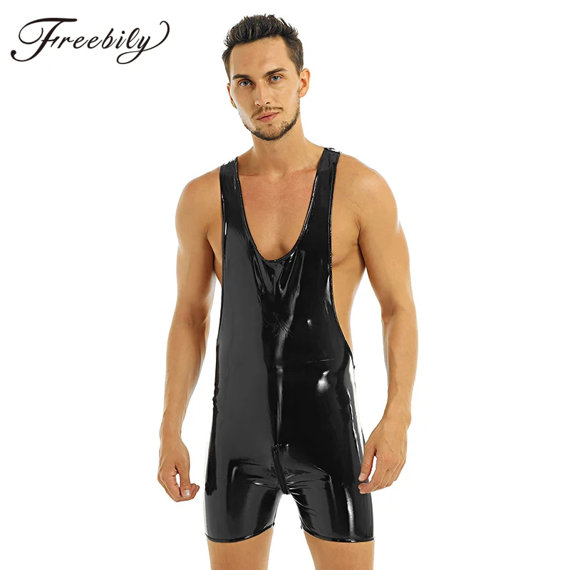 Фетиш Мужское эротическое латексное боди из искусственной кожи с открытой