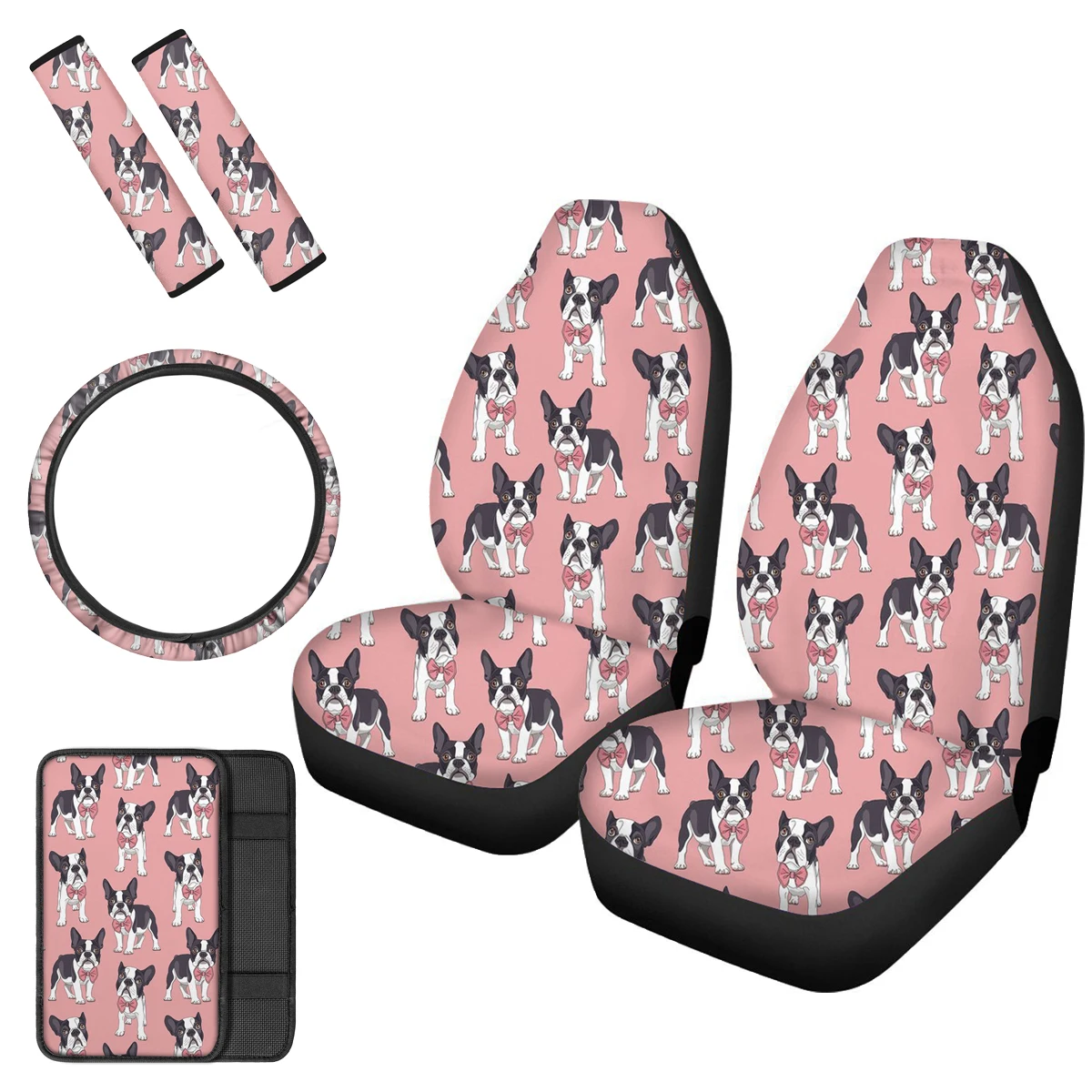 

PinUp Angel Pug Dog Design Car Interior Seat Covers Steering Wheel Cover Comfortable Auto Center Cconsole Strap Seatbelt Pad