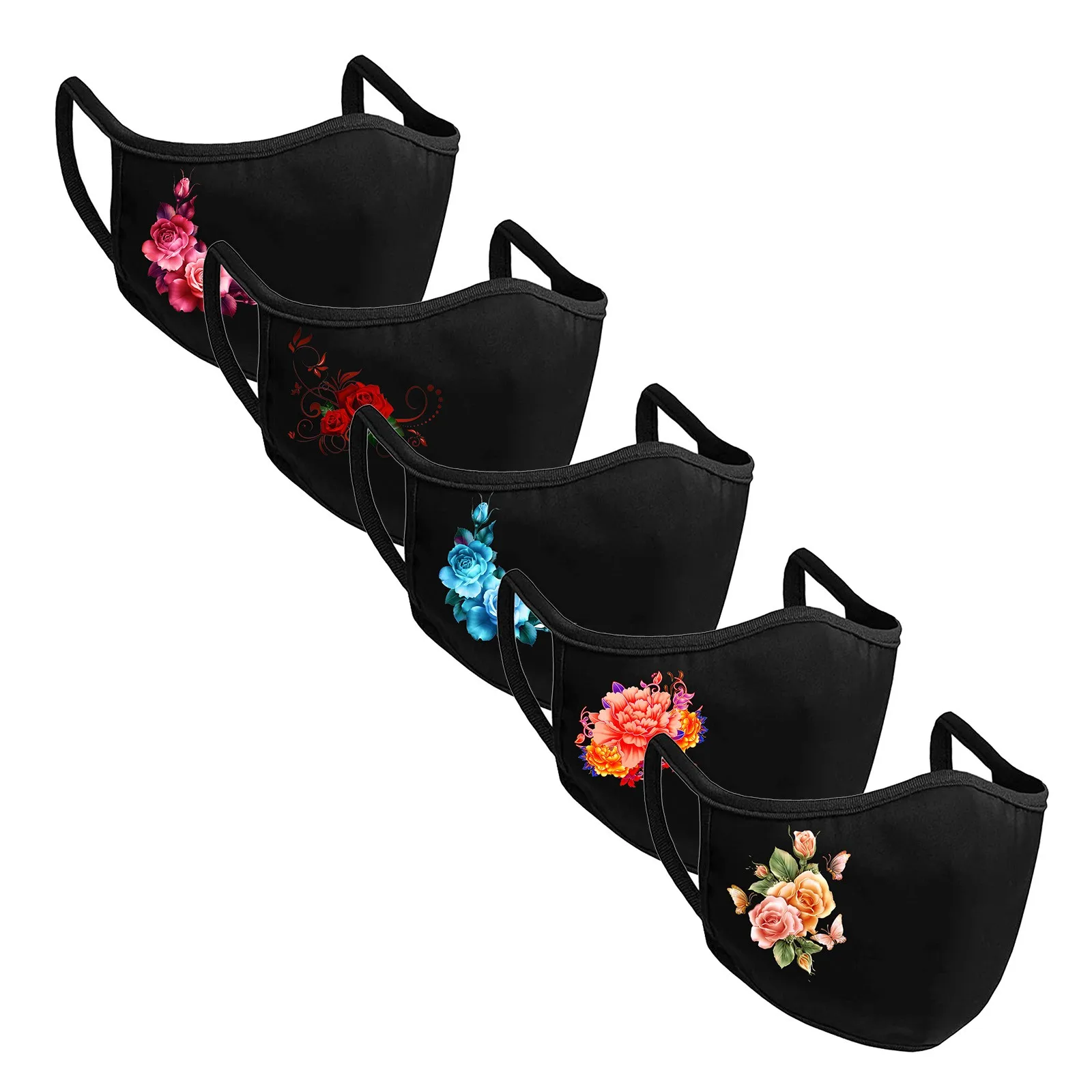 

5pcs Washable Mask Adults Flower Prints Breathable Protective Face Mask Mouth Mask Reuseable Woman Mask Mascarilla Masque#e