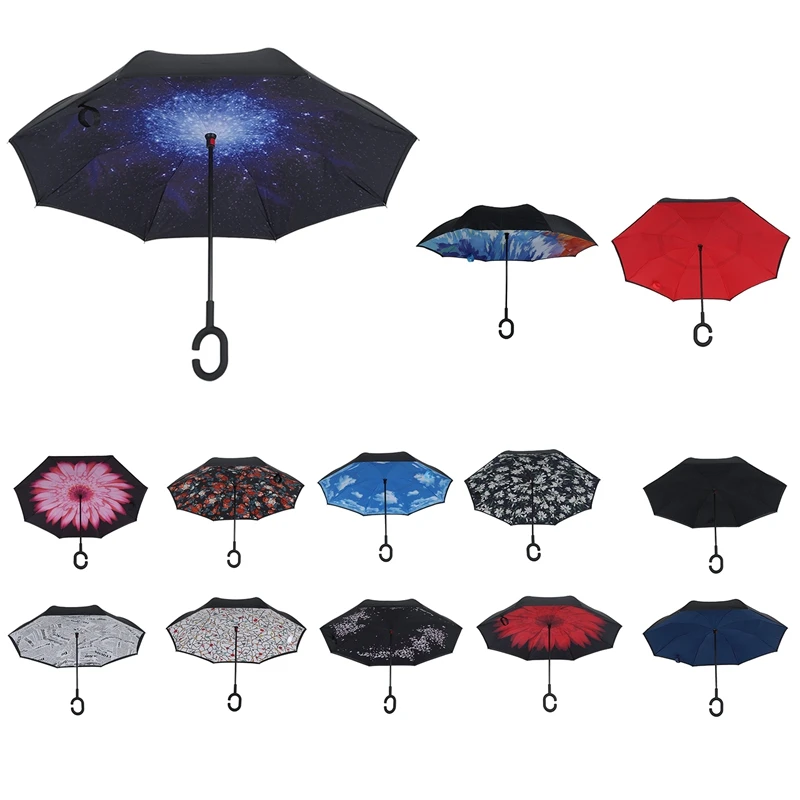 

Folding Reverse Umbrella Double Layer Inverted Windproof Rain Car Umbrellas For Women