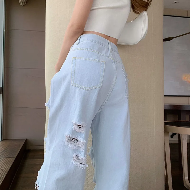 

Ladies Streetwear Jeans Casual Wide Leg Jeans High Waist Loose Fitting Jeans Ripped Holes Thin Women Denim Trousers Feminino